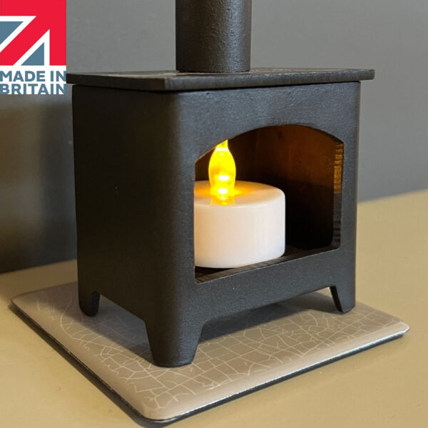 British Made Miniature Woodburner with tealight. mini steel woodburner